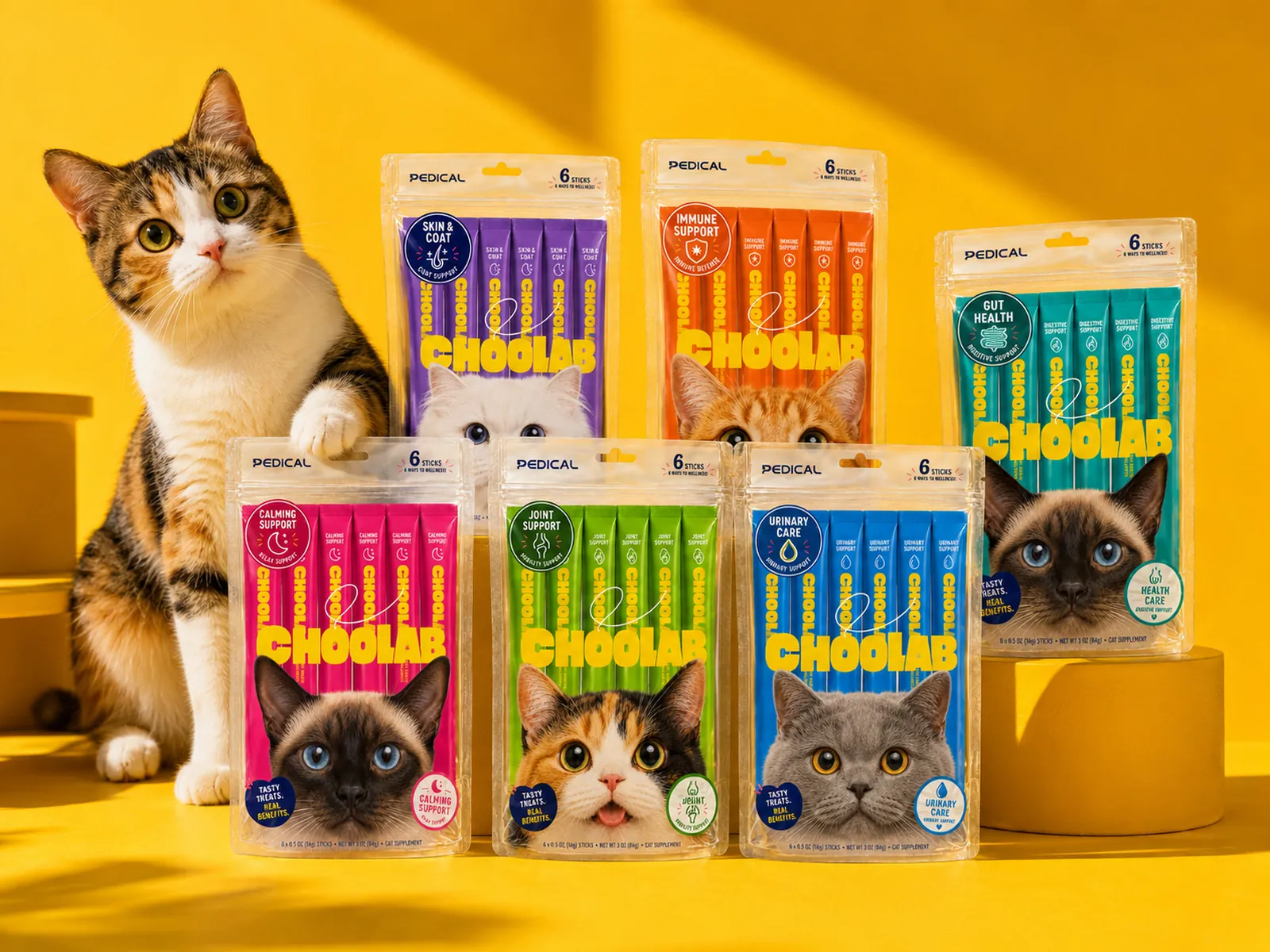 The six CHOOLAB pouches in green, teal, blue, orange, purple and pink, with a calico cat on a yellow set